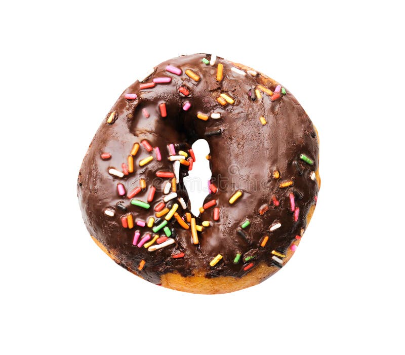 Красочные donuts праздника со сливк шоколада и пестротканым покрывая взглядом сверху изолированные на белой предпосылке с путем к стоковая фотография Красочные donuts праздника со сливк шоколада и пестротканым покрывая взглядом сверху изолированные на белой предпосылке с путем к стоковая фотография