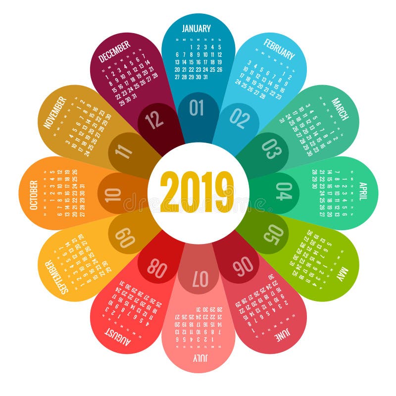 Красочный круглый дизайн календаря 2019, шаблон печати, ваш логотип и текст Неделя начинает воскресенье Ориентация портрета 2019 бесплатная иллюстрация Красочный круглый дизайн календаря 2019, шаблон печати, ваш логотип и текст Неделя начинает воскресенье Ориентация портрета 2019 бесплатная иллюстрация