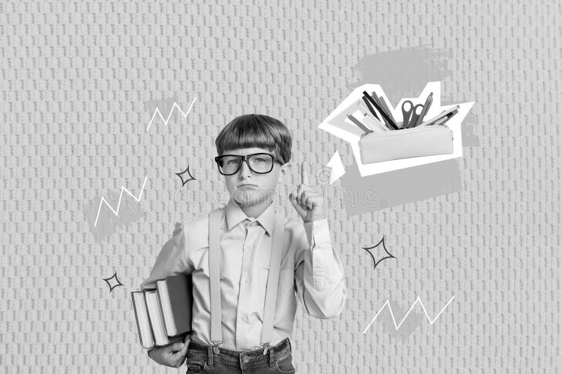 Креативный коллаж из умных детских пальцев для хранения школьных принадлежностей, изолированный на окрашенном фоне стоковая фотография rf