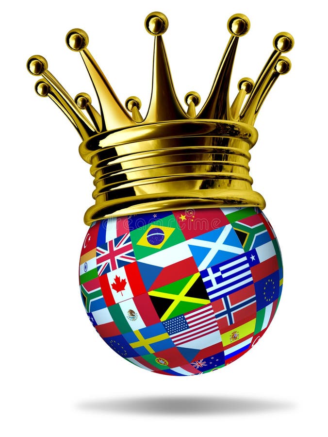 World leader with global flags with countries as United States,England,Europe,Italy,Greece,China with a gold crown representing leadership and victory in international trade and world business. World leader with global flags with countries as United States,England,Europe,Italy,Greece,China with a gold crown representing leadership and victory in international trade and world business.