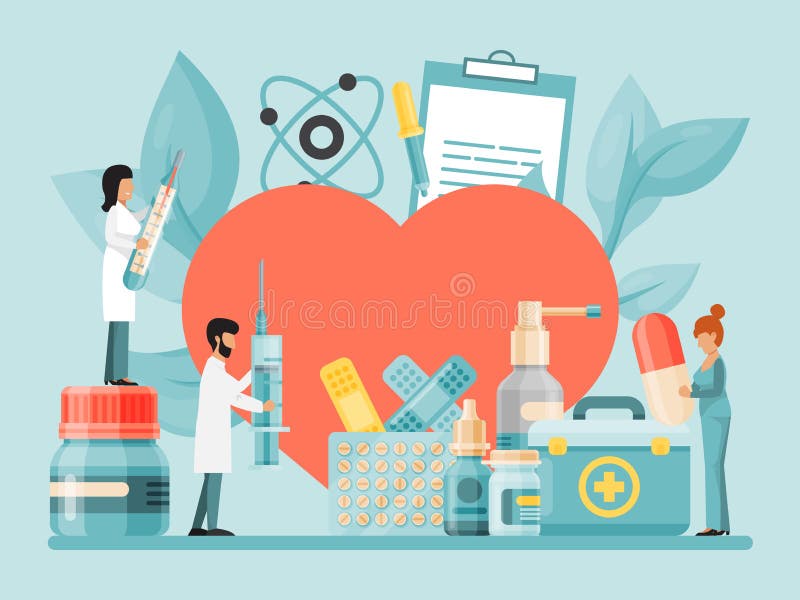 Крошечные врачи и ученые изучить исследования и лечения большое сердце с иллюстрацией вектора бутылок и пакетов с наркотиками бесплатная иллюстрация