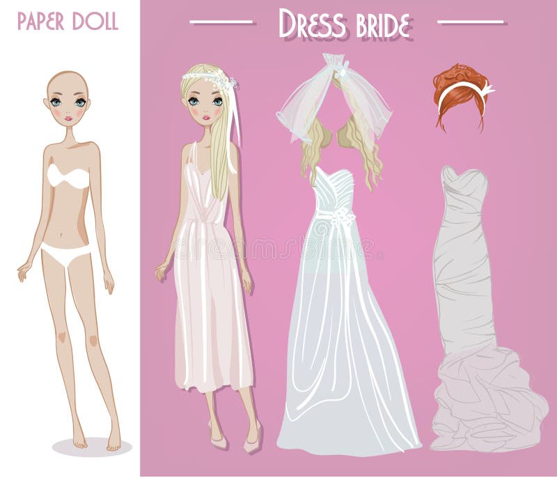 Cartoon vector bride girl doll with clothes for changes. Cartoon vector bride girl doll with clothes for changes