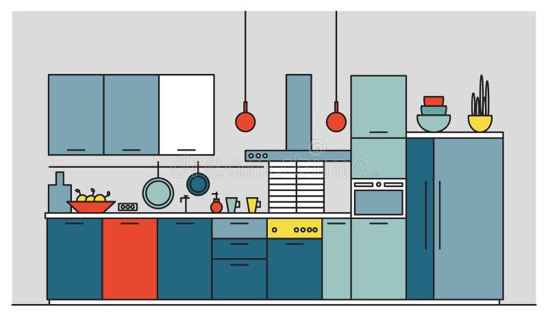 Кухня вполне современной мебели, бытовых приборов, cookware, варя объекты, оборудование и домашние украшения иллюстрация вектора Кухня вполне современной мебели, бытовых приборов, cookware, варя объекты, оборудование и домашние украшения иллюстрация вектора