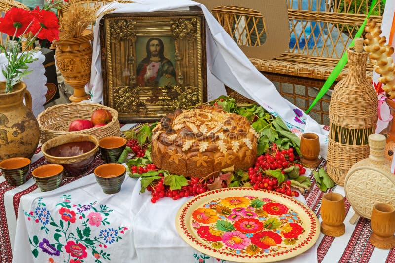 European people's table setting in national Slavic style. European people's table setting in national Slavic style