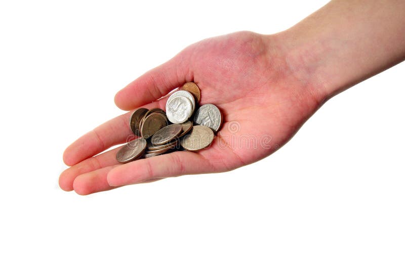 White Caucasian hand holding money out isolated on white background in the palm of his hand. White Caucasian hand holding money out isolated on white background in the palm of his hand.