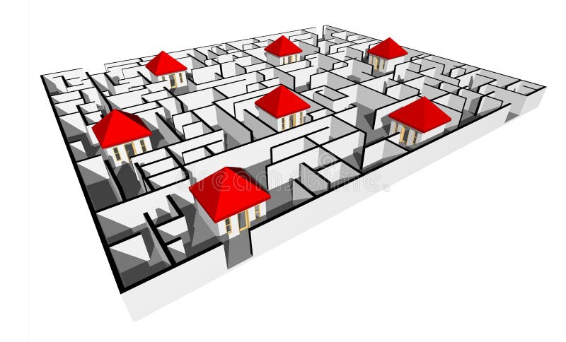 Labyrinth. 3D render of Labyrinth with house.Puzzle concept for finding a solution in a maze. Labyrinth. 3D render of Labyrinth with house.Puzzle concept for finding a solution in a maze