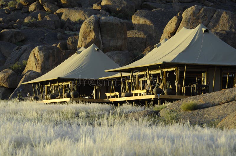 Safari tents in Namibia in the evening sun. Safari tents in Namibia in the evening sun