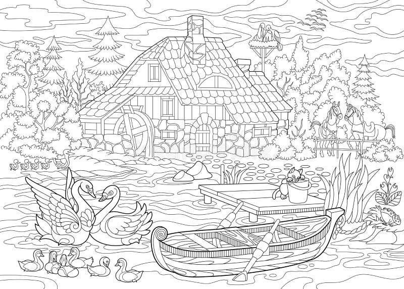 Coloring book page of rural landscape, farm house, ducks, kitten, swans, horses, frog, storks, flock of seagulls. Freehand drawing for adult antistress colouring with doodle and zentangle elements. Coloring book page of rural landscape, farm house, ducks, kitten, swans, horses, frog, storks, flock of seagulls. Freehand drawing for adult antistress colouring with doodle and zentangle elements.