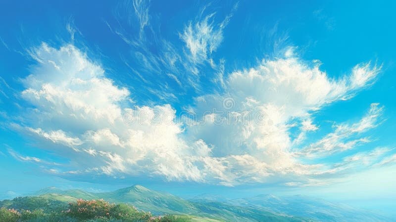 Ландшафт. Azure Sky с пушистыми облаками над зелеными холмами. Летний день иллюстрация вектора