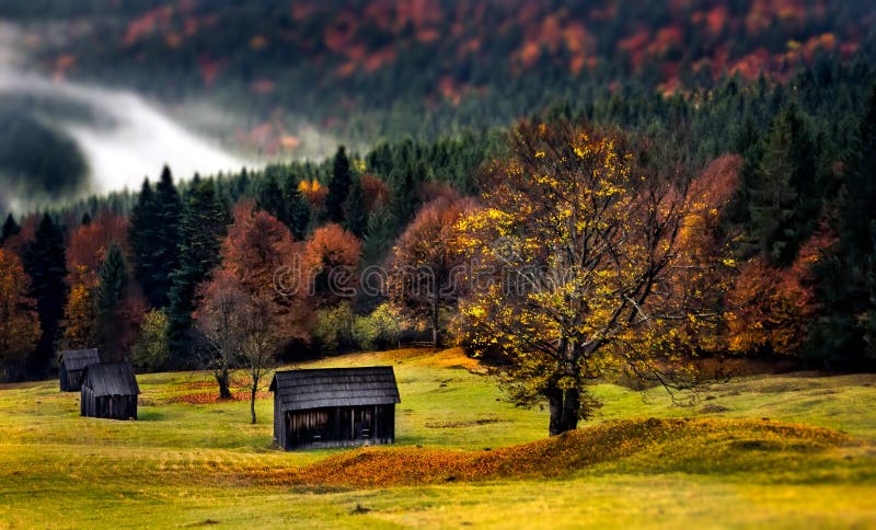 Ландшафт Румынии красивый, осень в Bucovina с домами чабана стоковая фотография Ландшафт Румынии красивый, осень в Bucovina с домами чабана стоковая фотография