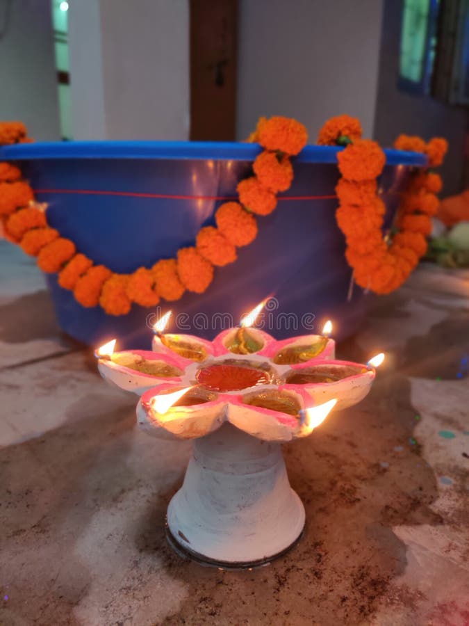 Lightened diyas for worship. Lightened diyas for worship