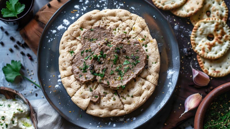лепешка с мясом на черной тарелке, окруженная ингредиентами иллюстрация вектора