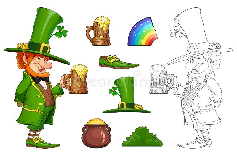 Gnome leprechaun with mug of beer. Fairy-tale irish character for Saint patricks day, isolated white background. Vector illustration. Gnome leprechaun with mug of beer. Fairy-tale irish character for Saint patricks day, isolated white background. Vector illustration.