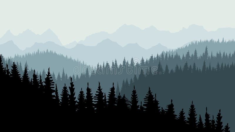 Лес вечера или утра coniferous елевых деревьев на сумраке На горизонте вы можете увидеть горы иллюстрация вектора