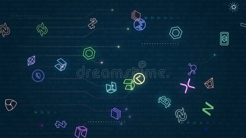 летит много икон криптократического облака интеллектуальных частиц цифровой блочной анимации. бесплатная иллюстрация