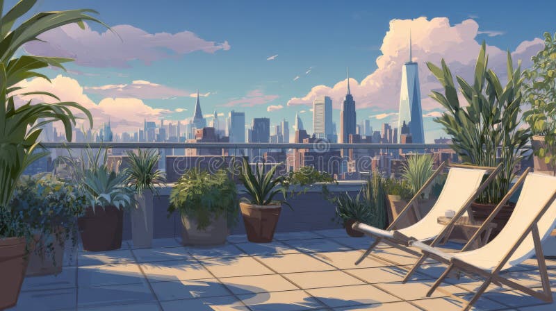 Летняя сцена на крыше Pixel Art City бесплатная иллюстрация
