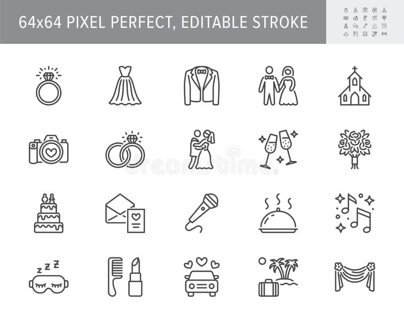 Wedding timeline line icons. Vector illustration include icon - bouquet, ring, bouquet, tuxedo, groom, bridal, invitation outline pictogram for marriage ceremony. 64x64 Pixel Perfect, Editable Stroke. Wedding timeline line icons. Vector illustration include icon - bouquet, ring, bouquet, tuxedo, groom, bridal, invitation outline pictogram for marriage ceremony. 64x64 Pixel Perfect, Editable Stroke.