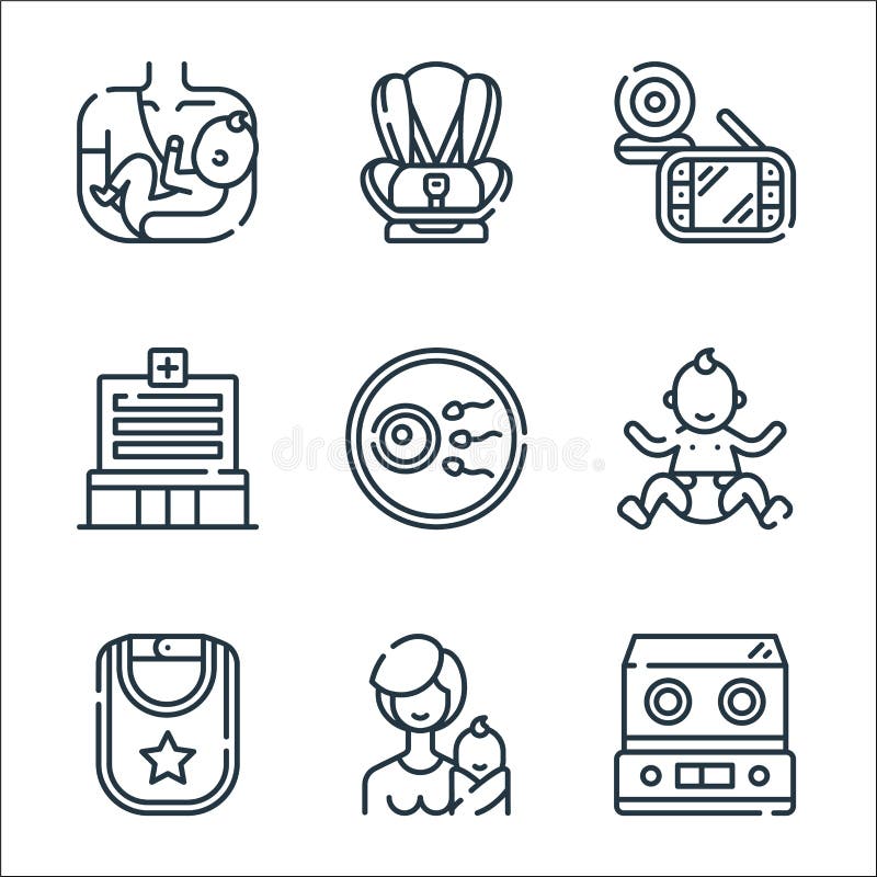 maternity line icons. linear set. quality vector line set such as incubator, mother, baby bib, baby, in vitro, hospital, baby monitor, car seat. maternity line icons. linear set. quality vector line set such as incubator, mother, baby bib, baby, in vitro, hospital, baby monitor, car seat