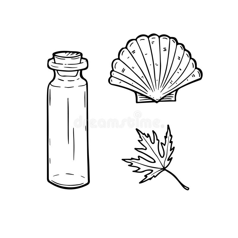 Линия искусство установила с бутылкой, seashell и лист также вектор иллюстрации притяжки corel иллюстрация штока Линия искусство установила с бутылкой, seashell и лист также вектор иллюстрации притяжки corel иллюстрация штока