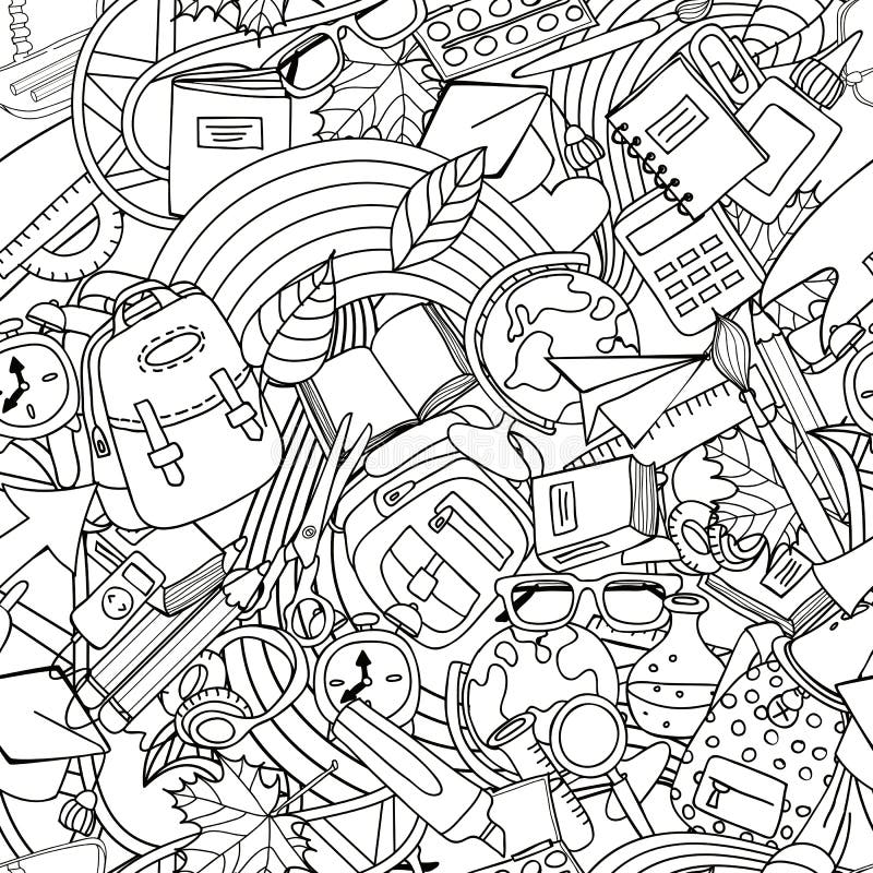 Линия картина вектора художественного училища безшовная Monochrome образование и школьные принадлежности doodle иллюстрация штока