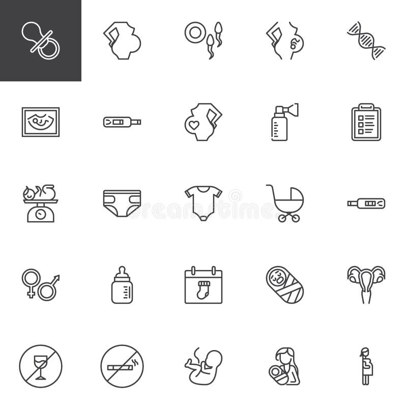 Maternity and pregnancy line icons set. linear style symbols collection, outline signs pack. vector graphics. Set includes icons as Pacifier, Pregnant woman, Fertilization, Breast pump, Baby Diapers. Maternity and pregnancy line icons set. linear style symbols collection, outline signs pack. vector graphics. Set includes icons as Pacifier, Pregnant woman, Fertilization, Breast pump, Baby Diapers