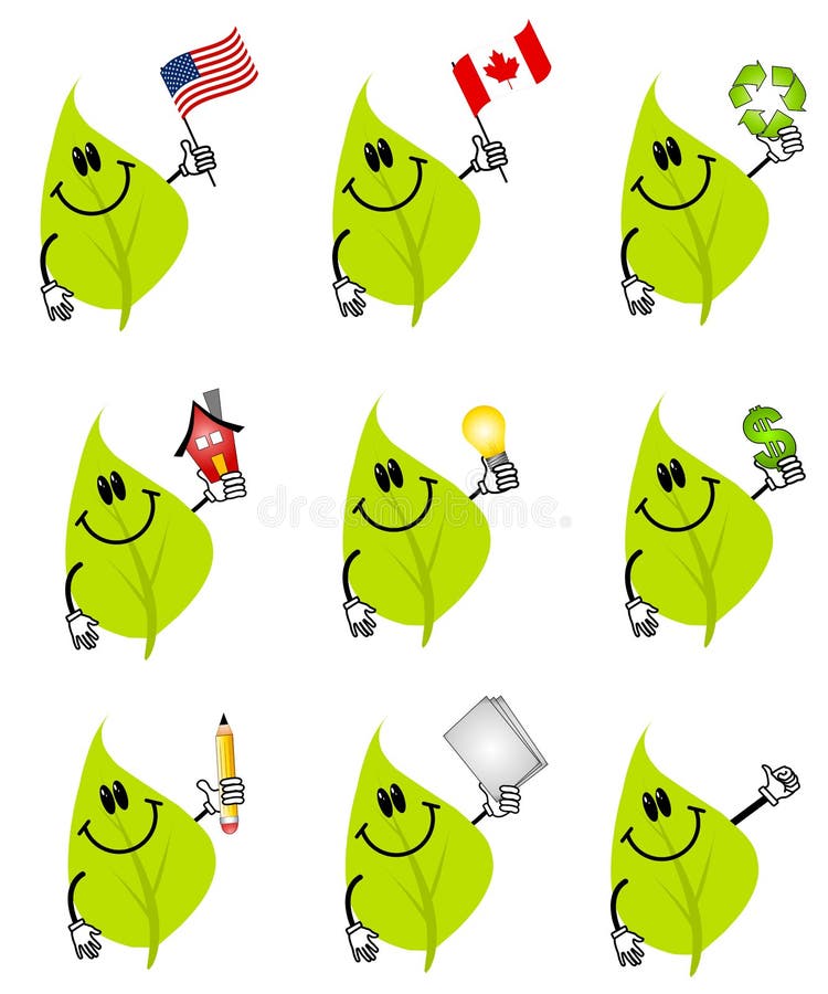 An illustration featuring a collection of green leaf characters holding various items to represent issues involving the environment - canadian and us flags, recycling symbol, house, lightbulb, money, pencil, paper and one with his thumb up. An illustration featuring a collection of green leaf characters holding various items to represent issues involving the environment - canadian and us flags, recycling symbol, house, lightbulb, money, pencil, paper and one with his thumb up