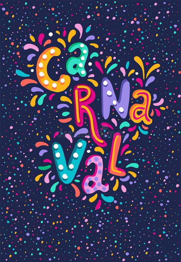 Литерность Carnaval вектора руки вычерченная с вспышками фейерверка, красочного confetti Праздничное название, знамя заголовка иллюстрация штока Литерность Carnaval вектора руки вычерченная с вспышками фейерверка, красочного confetti Праздничное название, знамя заголовка иллюстрация штока
