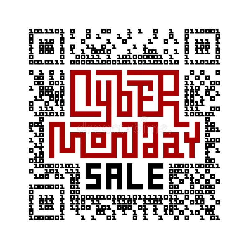 Литерность продажи понедельника кибер с QR-кодом состоит из бинарного кода иллюстрация штока