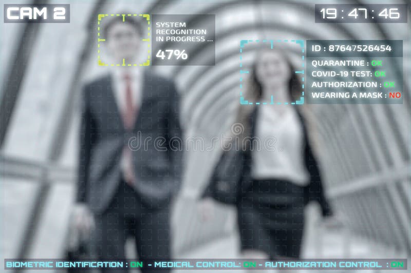 Cctv facial recognition simulation of people with covid-19 test verification. Cctv facial recognition simulation of people with covid-19 test verification