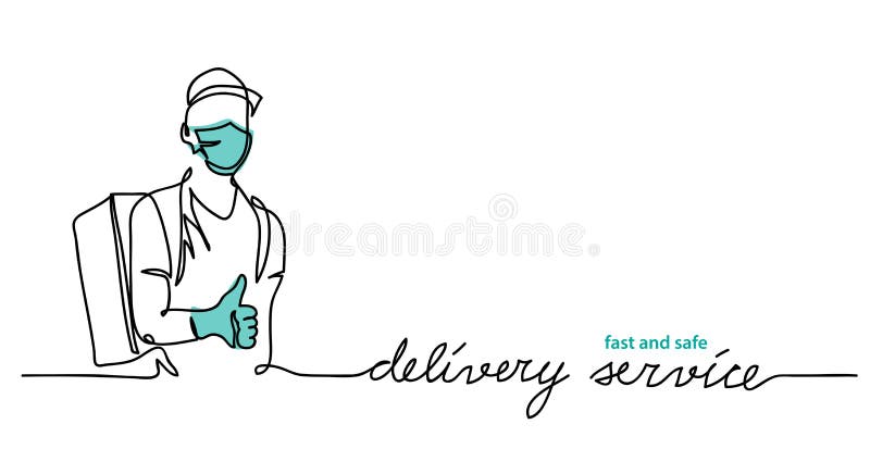 Delivery service, courier wearing face mask and gloves. Thumb up and backpack. Vector simple illustration. Promotion web banner, background. Delivery service lettering, fast and safe text. Delivery service, courier wearing face mask and gloves. Thumb up and backpack. Vector simple illustration. Promotion web banner, background. Delivery service lettering, fast and safe text.