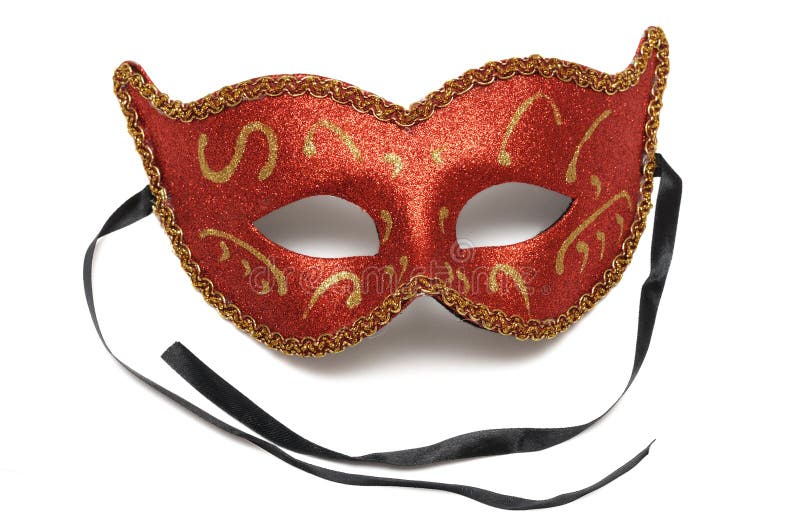 A photo taken on a red colombina theater half face mask with black fastening ribbon against a white backdrop. A photo taken on a red colombina theater half face mask with black fastening ribbon against a white backdrop.