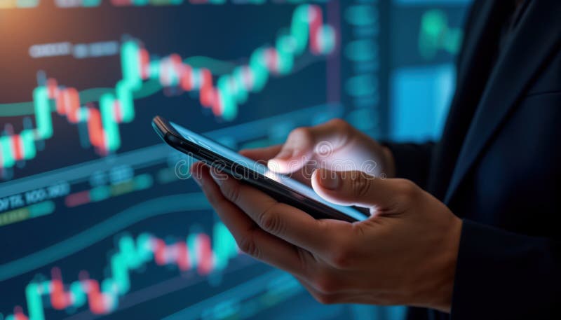 лицо, использующее смартфон для биржевой торговли. мобильный телефон отображает финансовые данные. руки активно взаимодействуют с иллюстрация вектора