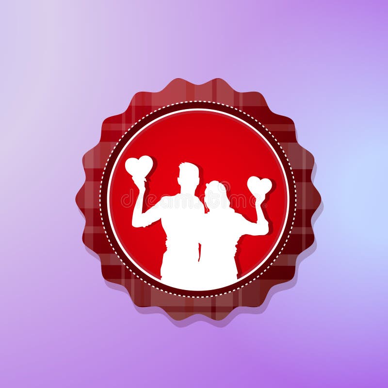 Логотип влюбленности с парами силуэта над красным дизайном ярлыка дня валентинок предпосылки иллюстрация штока