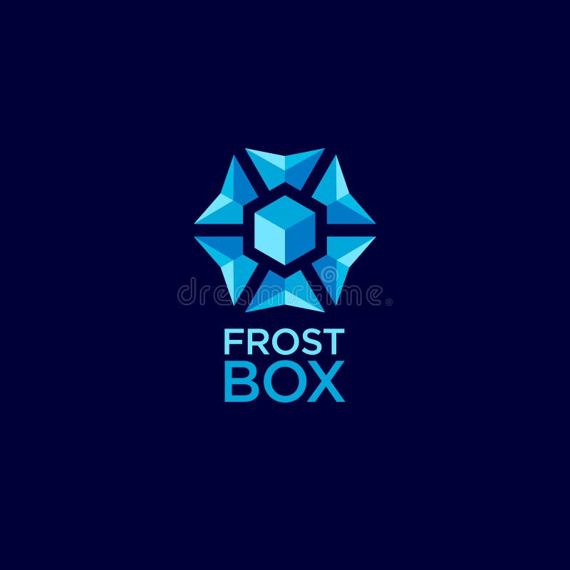 Логотип коробки Frost для замороженных продуктов Голубая эмблема геометрии снежинки, изолированная на темной предпосылке иллюстрация штока