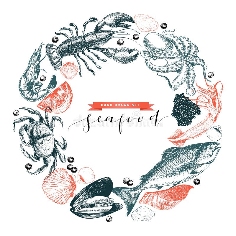Логотип морепродуктов вектора нарисованный рукой Омар, семга, краб, креветка, ocotpus, кальмар, clams Выгравированное искусство в
