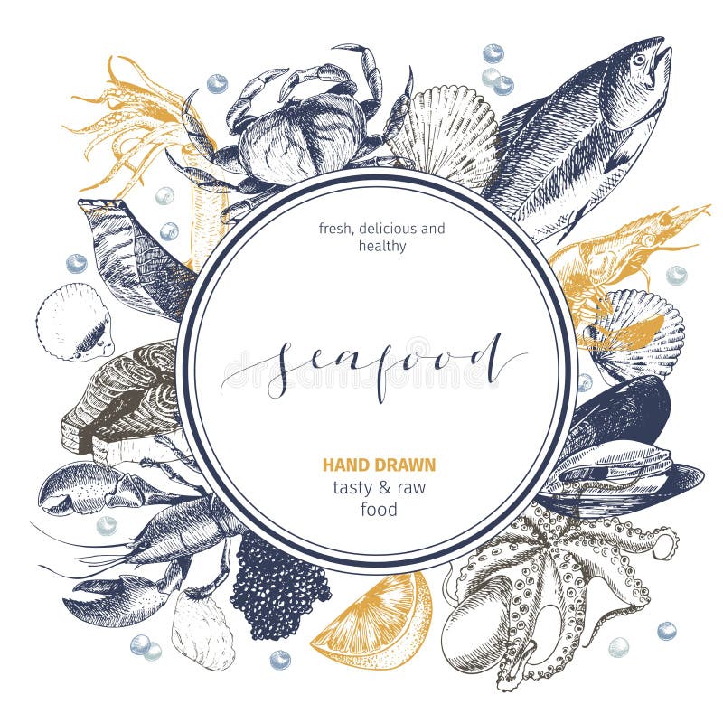 Логотип морепродуктов вектора нарисованный рукой Омар, семга, краб, креветка, ocotpus, кальмар, clams Выгравированное искусство в