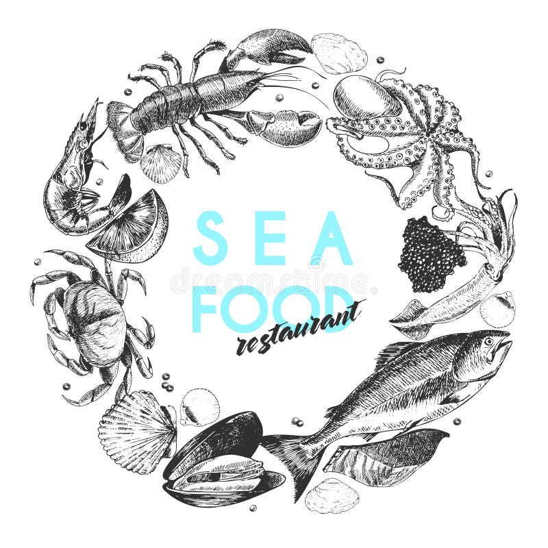 Логотип морепродуктов вектора нарисованный рукой Омар, семга, краб, креветка, ocotpus, кальмар, clams Выгравированное искусство