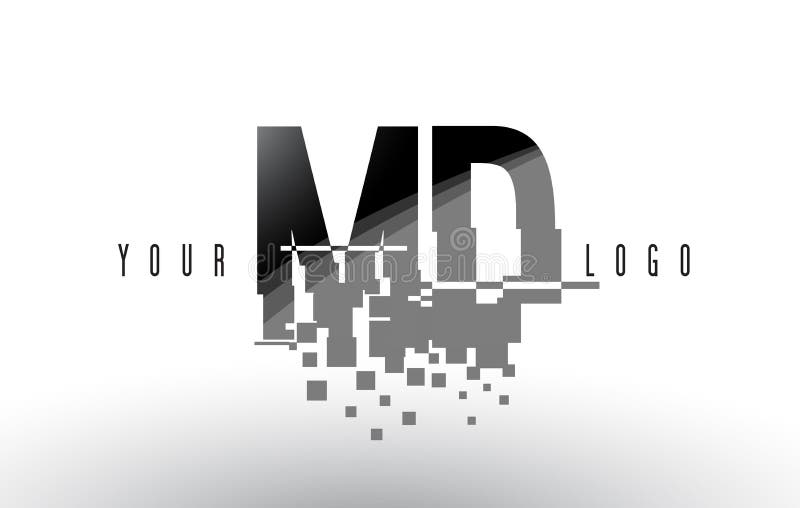 Логотип письма пиксела MD m d с квадратами разрушенными цифров черными