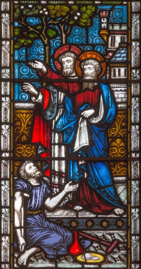 LONDON, GREAT BRITAIN - SEPTEMBER 19, 2017: The apostles Peter and John heal of paralytic in front of Temple in Jerusalem on the stained glass in St Mary Abbot`s church on Kensington High Street. LONDON, GREAT BRITAIN - SEPTEMBER 19, 2017: The apostles Peter and John heal of paralytic in front of Temple in Jerusalem on the stained glass in St Mary Abbot`s church on Kensington High Street