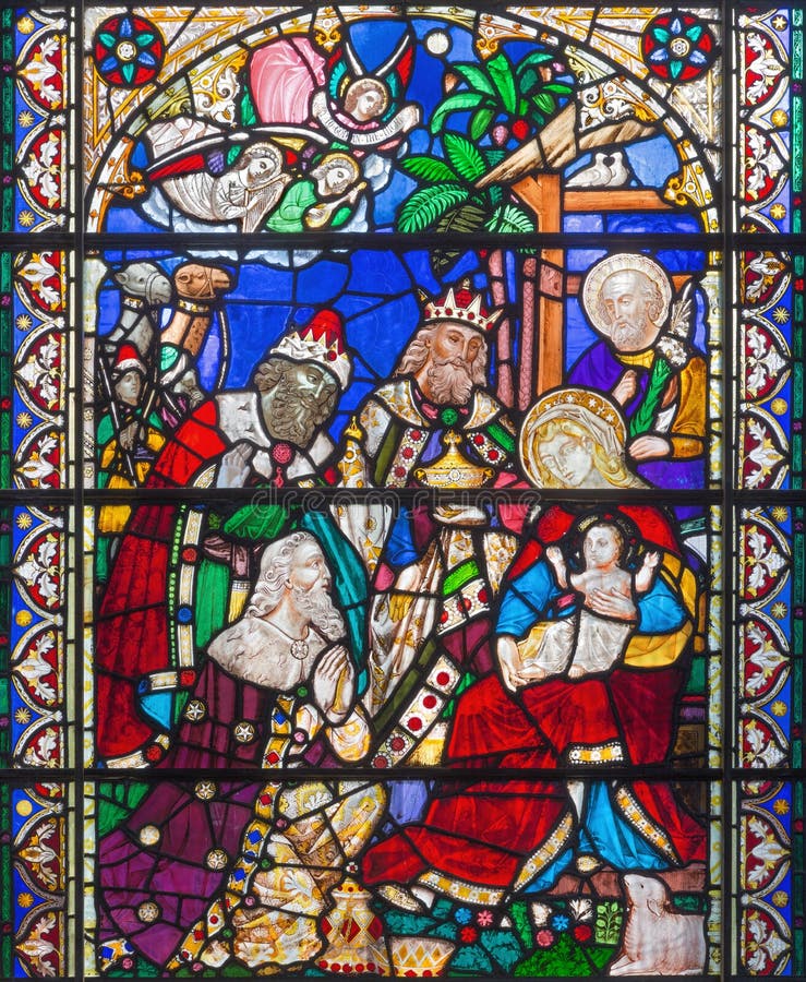 LONDON, GREAT BRITAIN - SEPTEMBER 15, 2017: The Three Magi on the satined glass of St James`s Church, Clerkenwell. LONDON, GREAT BRITAIN - SEPTEMBER 15, 2017: The Three Magi on the satined glass of St James`s Church, Clerkenwell.