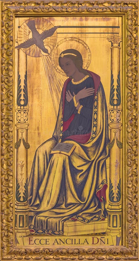 LONDON, GREAT BRITAIN - SEPTEMBER 14, 2017: The Virgin Mary as the right part of Annunciation painting on the wood on the altar in church St Clement`s, Eastcheap by Ninian Comper 1933. LONDON, GREAT BRITAIN - SEPTEMBER 14, 2017: The Virgin Mary as the right part of Annunciation painting on the wood on the altar in church St Clement`s, Eastcheap by Ninian Comper 1933.