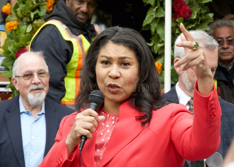 San Francisco, CA - Aug 2, 2023: Mayor London Breed, speaking at the 150th celebration of the First Cable Car Ride in the city. San Francisco, CA - Aug 2, 2023: Mayor London Breed, speaking at the 150th celebration of the First Cable Car Ride in the city