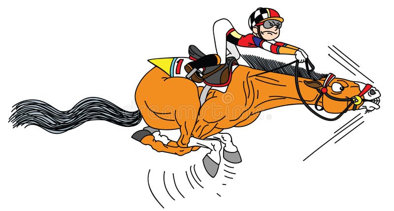 Cartoon race horse with jockey galloping in the full speed . Funny equestrian sport. Derby. Vector illustration. Cartoon race horse with jockey galloping in the full speed . Funny equestrian sport. Derby. Vector illustration