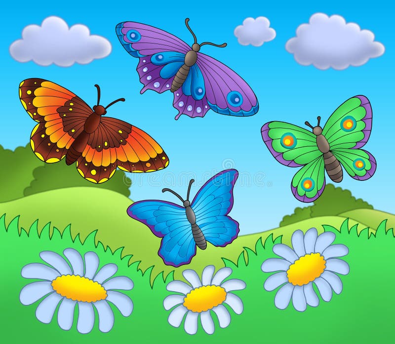 Butterflies on meadow - color illustration. Butterflies on meadow - color illustration.