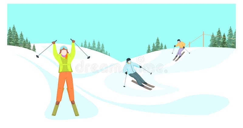 Cartoon skiers vector illustration. Skiers descend from the mountains. Winter sport. Winter landscape. Skiers on a background of mountains. Cartoon skiers vector illustration. Skiers descend from the mountains. Winter sport. Winter landscape. Skiers on a background of mountains.