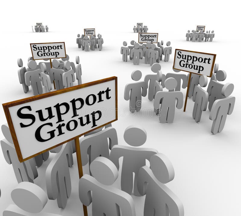 Support Group signs with people or patients gathered around them to share personal experience and stories with communication about problems, addiction or trauma. Support Group signs with people or patients gathered around them to share personal experience and stories with communication about problems, addiction or trauma