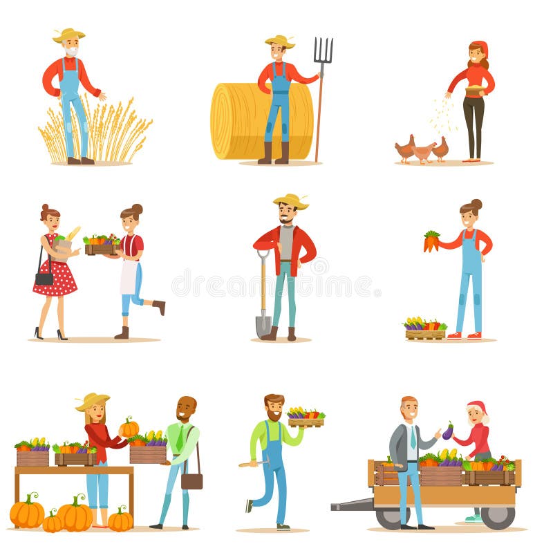 Farmers Men And Women Working At The Farm And Selling Organic Farming Vegetables On Natural Fresh Product Market. Set Of Cartoon Happpy Characters Growing Crops And Animals For Food Vector Illustrations. Farmers Men And Women Working At The Farm And Selling Organic Farming Vegetables On Natural Fresh Product Market. Set Of Cartoon Happpy Characters Growing Crops And Animals For Food Vector Illustrations.