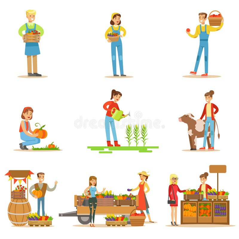 Farmers Men And Women Working At The Farm And Selling Fresh Farming Vegetables On Natural Organic Product Market. Set Of Cartoon Happpy Characters Growing Crops And Animals For Food Vector Illustrations. Farmers Men And Women Working At The Farm And Selling Fresh Farming Vegetables On Natural Organic Product Market. Set Of Cartoon Happpy Characters Growing Crops And Animals For Food Vector Illustrations.