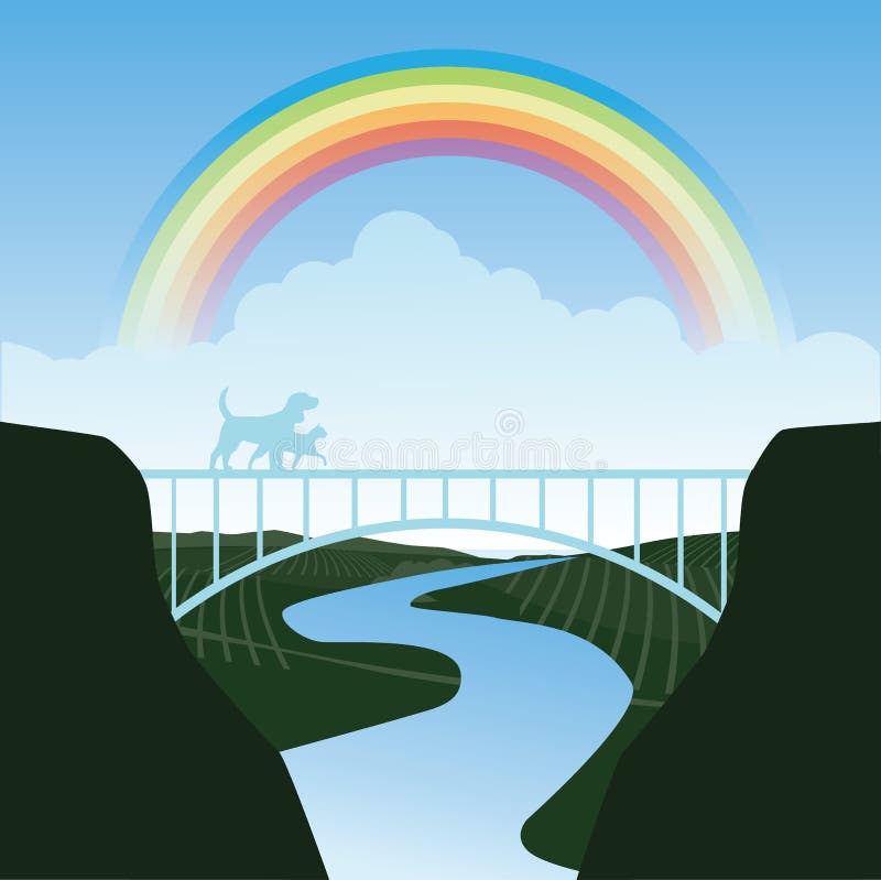 Pets crossing the rainbow bridge EPS 10 vector stock illustration. Pets crossing the rainbow bridge EPS 10 vector stock illustration