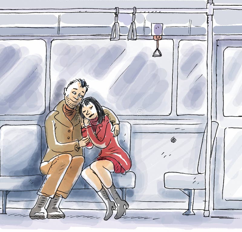 A couple are hugging in a public transport. A couple are hugging in a public transport